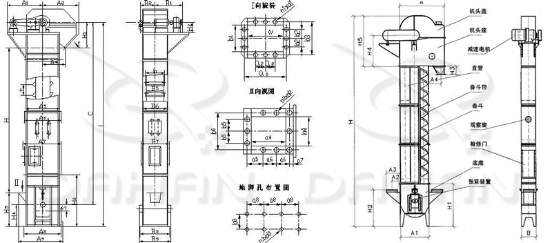 TD/D型斗式提升機(jī)基本結(jié)構(gòu):機(jī)頭蓋，機(jī)頭座，減速電機(jī)，直管，底座，緊張裝置等。