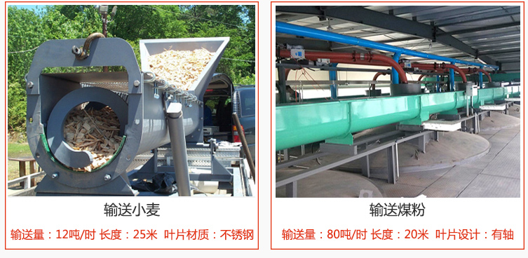 絞龍螺旋輸送機(jī)輸送小麥輸送量在12噸/時，長度為25米，葉片采用不銹鋼材質(zhì)；輸送水泥輸送量在80噸/時，長度為20米，葉片設(shè)計為有軸。