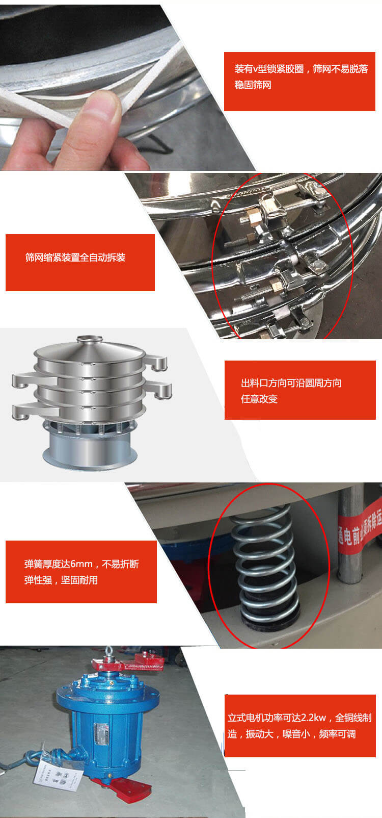 裝有V型鎖緊膠圈，使篩網(wǎng)不易脫落穩(wěn)固篩網(wǎng)，篩網(wǎng)鎖緊裝置，全自動拆裝，出料口方向可沿圓周方向任意改變。彈簧厚度達6mm，不易折斷，彈性強，堅固耐用。專業(yè)的振動電機，全銅線制造，振動大，機械噪音小，頻率可調。產(chǎn)品對比:材質：大漢振動篩廠家采用304不銹鋼材質耐腐蝕性，耐熱性強。個別廠家采用其它金屬材質，耐腐蝕性，耐熱性差蒸發(fā)緩慢，烘干效率較低。大漢振動篩廠家采用金屬編織網(wǎng)，篩分精度高，效率高，篩網(wǎng)利用率高。