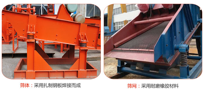 礦用振動(dòng)篩特點(diǎn)：篩體采用扎制鋼板焊接而成，篩網(wǎng)采用耐磨橡膠材質(zhì)