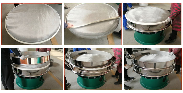食品振動(dòng)篩網(wǎng)安裝步驟3，將密封圈安裝到網(wǎng)架周圍，將篩框放到網(wǎng)架上，并利用束環(huán)將上下兩層篩框固定在一起。
