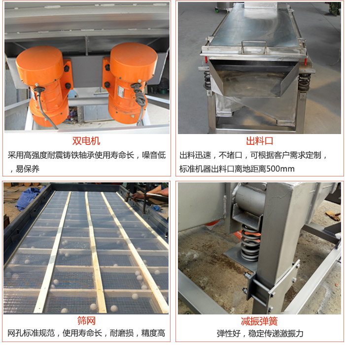 線振動(dòng)篩配件優(yōu)勢(shì)：雙電機(jī)采用高強(qiáng)度耐震鑄鐵軸承使用壽命長(zhǎng)，噪音低，易保養(yǎng)，出料口：出料迅速，不堵口，可根據(jù)客戶(hù)需求定制標(biāo)準(zhǔn)機(jī)器出料口離地距離500mm。篩網(wǎng)：網(wǎng)孔標(biāo)準(zhǔn)規(guī)范，使用壽命長(zhǎng)，耐磨損，精度高。減震彈簧彈性好，穩(wěn)定傳遞激振力。