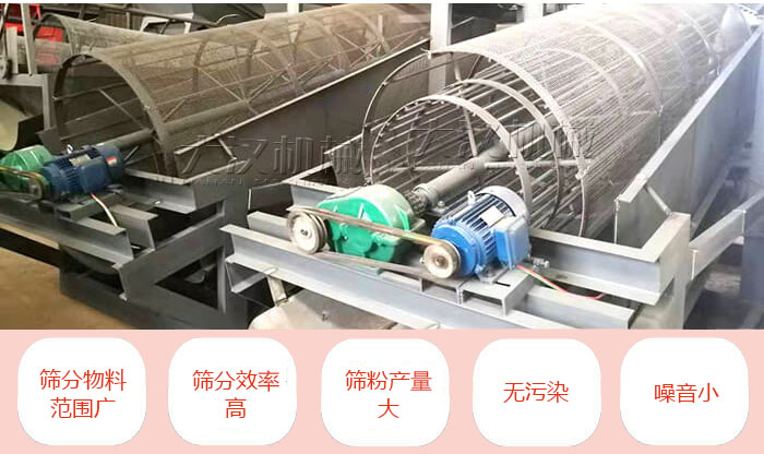 滾筒篩分機(jī)主要特點(diǎn)：篩分物料范圍廣，篩分效率高，篩分產(chǎn)量大，無污染，噪音小。