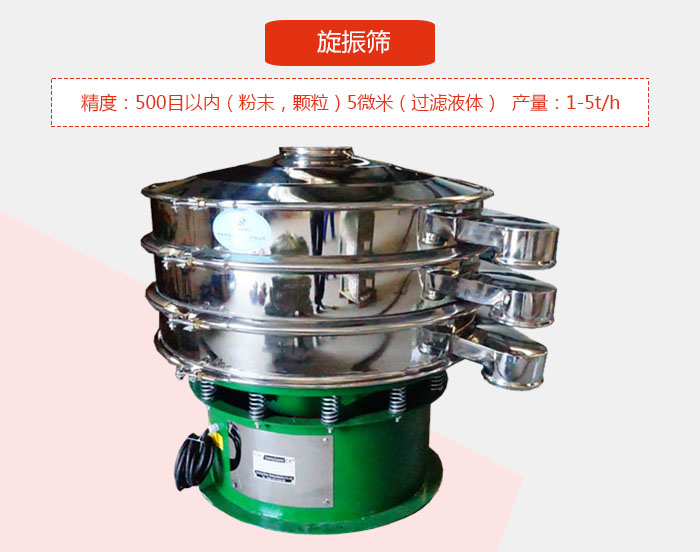 旋振篩精度：500目以內(nèi)（粉末，顆粒）5微米（過濾液體）產(chǎn)量：1-5t/h