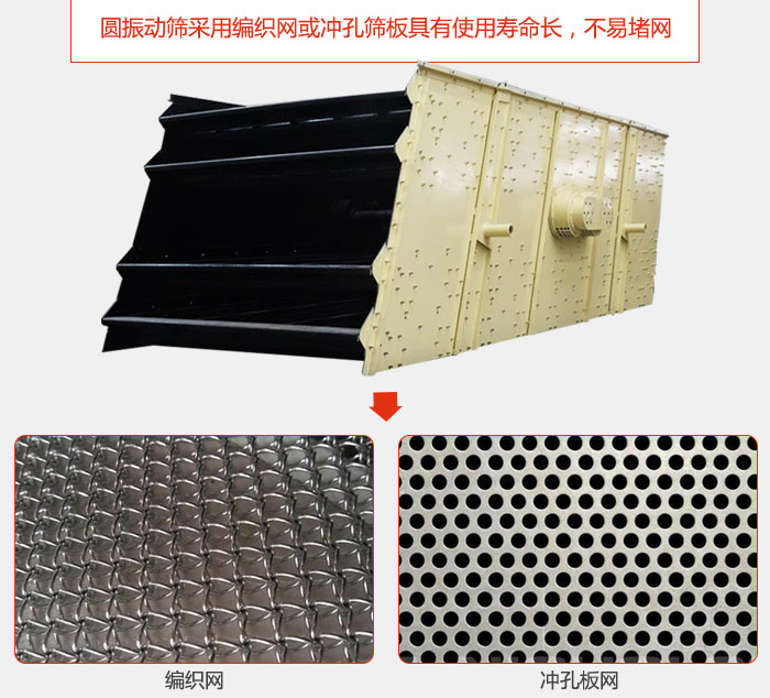 圓振動篩采用編織網或沖孔篩板具有使用壽命長，不易堵網。