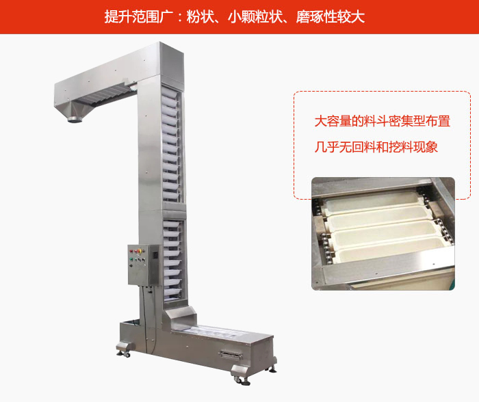 Z型斗式提升機(jī)的提升范圍廣：粉狀，小顆粒狀，磨琢性較大的物料都可輸送。