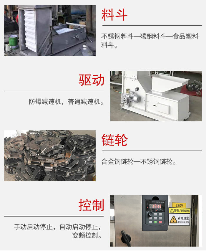 z型斗式提升機(jī)料斗：不銹鋼料斗-碳鋼料斗-食品塑料料斗。驅(qū)動裝置采用的式防爆減速機(jī)，普通減速機(jī)兩種。鏈輪采用合金鏈輪-不銹鋼鏈輪控制器：手動啟動/停止，以及自動啟動停止。