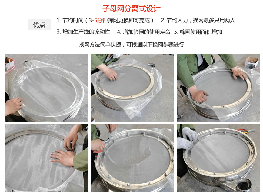 大漢振動機械換網(wǎng)優(yōu)勢：1，節(jié)省時間（3-5分鐘篩網(wǎng)更換即可完成）2，節(jié)省人力，換網(wǎng)只有兩人。3.增加生產(chǎn)線的流暢性。4.增加篩網(wǎng)壽命，彈跳球不直接撞擊子網(wǎng)。5.篩網(wǎng)使用面積增加。