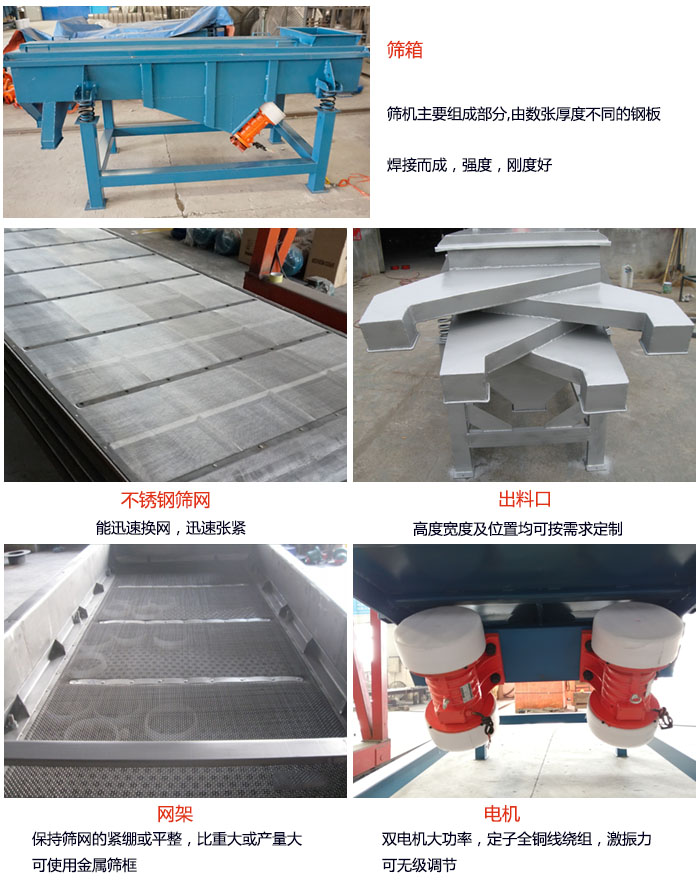 520型直線振動篩結(jié)構(gòu)：篩箱：篩機主要組成部分，由數(shù)張厚度不同的鋼板焊制而成，強度，剛度好。不銹鋼篩網(wǎng)：能迅速換網(wǎng)，迅速張緊。電機：雙電機大功率，定子全銅線繞組，激振力可無極調(diào)節(jié)。網(wǎng)架：保持篩網(wǎng)的緊繃和平整，比重大或產(chǎn)量大時可使用金屬篩框。出料口：高度寬度及位置均可按照用戶的要求來定制。