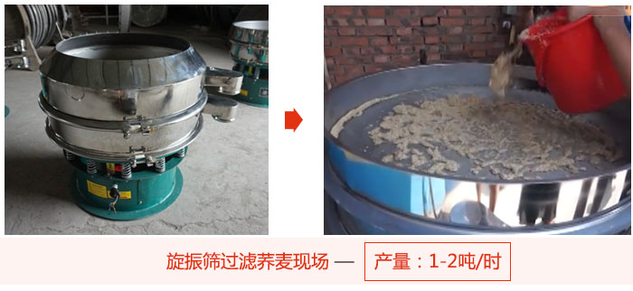 旋振篩過濾蕎麥現(xiàn)場，產(chǎn)量可達(dá)2噸每小時。