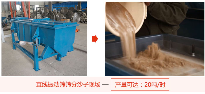 直線振動篩篩分沙子現(xiàn)場展示，產(chǎn)量高達(dá)20噸每小時。