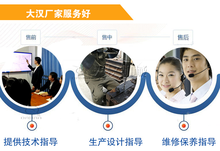 大漢廠家服務(wù)流程：售前-售中-售后：提供技術(shù)指導(dǎo)，生產(chǎn)設(shè)計指導(dǎo)，維修保養(yǎng)指導(dǎo)。