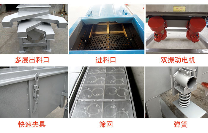 多層直線振動篩出料口，篩網，彈簧，快速夾具，振動電機等