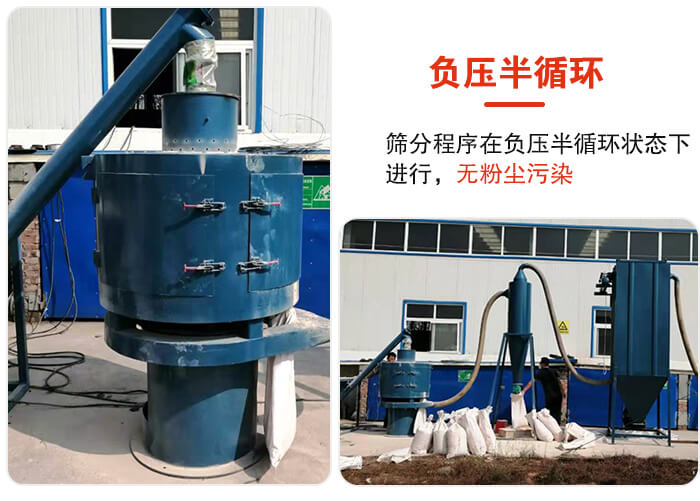 氣流篩負壓半循環(huán)，篩分程序在負壓版循環(huán)狀態(tài)下進行，無粉塵污染。