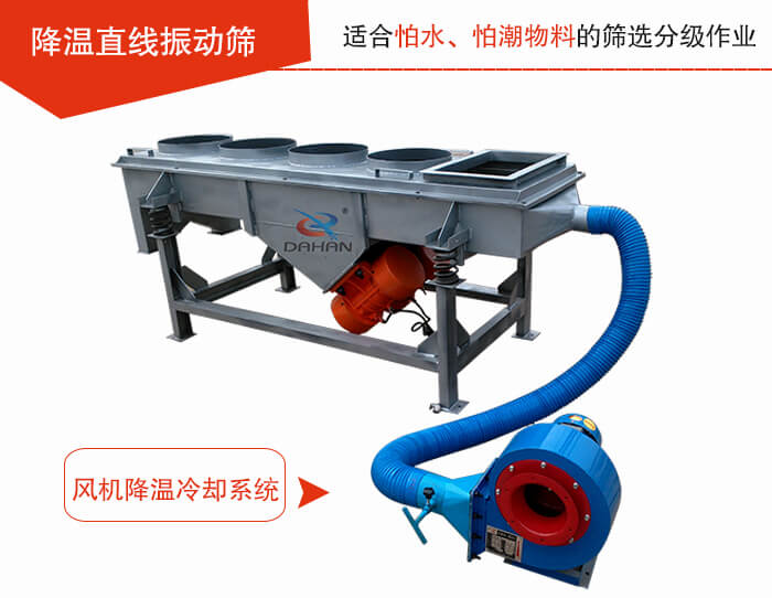 降溫直線振動篩加裝風機或水箱降溫方式完成物料的降溫需求。
