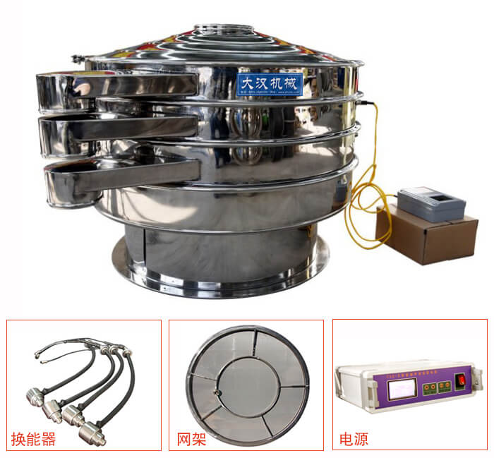  全不銹鋼超聲波振動篩內部組成：換能器，網架，電源。
