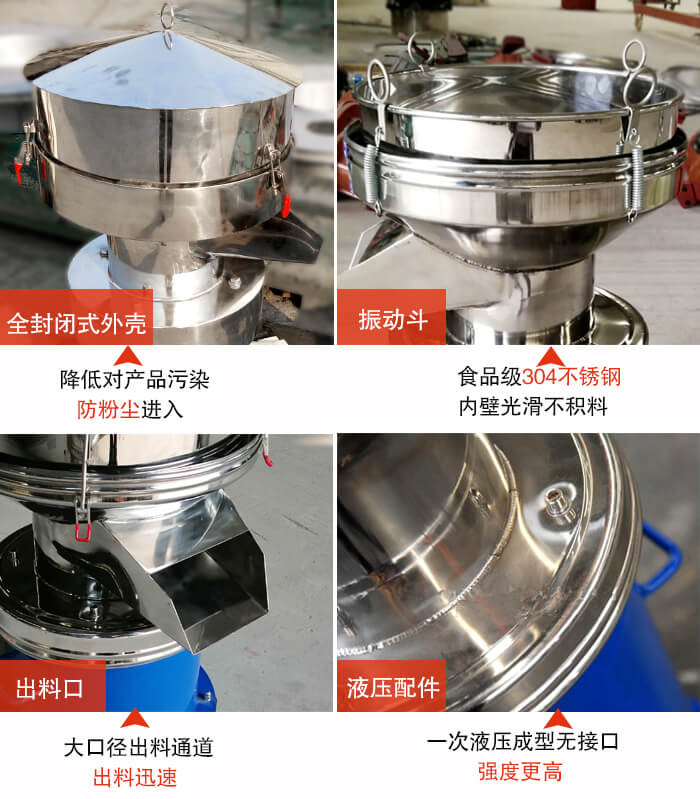 450過濾篩機結(jié)構(gòu)組成：全封閉式外殼設(shè)計：對產(chǎn)品的污染低，防塵粉進入電機內(nèi)部延長設(shè)備壽命。振動斗：食品304不銹鋼篩斗，內(nèi)壁光滑不存在積料現(xiàn)象。出料口，大口徑出料通道，出料迅速，提高工作效率。液壓配件：一次液壓成型無接口強度更高。