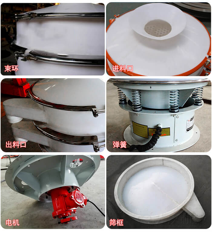 塑料防腐蝕振動(dòng)篩細(xì)節(jié):進(jìn)料口，框體，網(wǎng)架底框，出料口等。