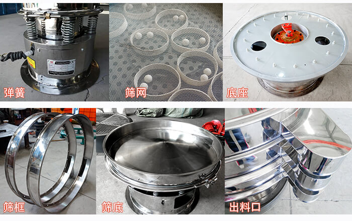 細(xì)節(jié)展示：篩框，篩網(wǎng)，振動底座，振動體，出料口。