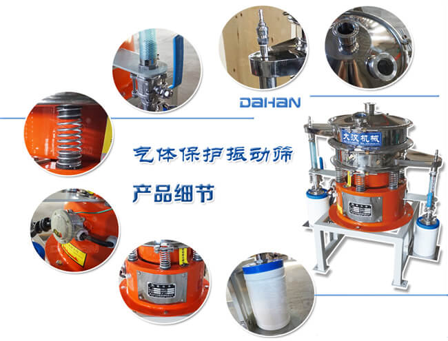 氣體保護振動篩細節(jié)：振動彈簧，手動閥門，料罐等。