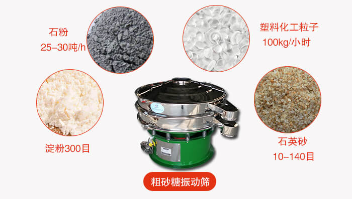 　粗砂糖振動篩更多適用范圍:食品行業(yè)，化工行業(yè)，制藥行業(yè)，行業(yè)，冶金行業(yè)等。